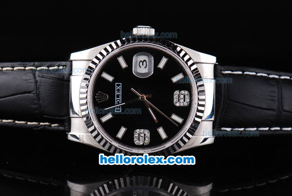 Rolex Datejust Automatic with Black Dial and White Bezel and Case--Diamond Marking-Small Calendar-Black Leather Strap - Click Image to Close